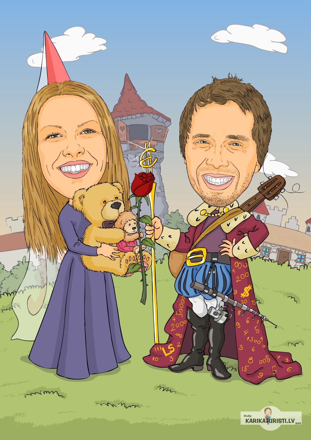 karikatūra pasaka pils rotaļlācītis mīlestība dāvana bruņinieks princese mauriņš sārts ģitāra makšķere sega